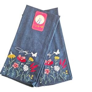 NEW Dolly Parton Embroidered Floral Butterfly Blue Denim Kitchen Towels(Set of 2